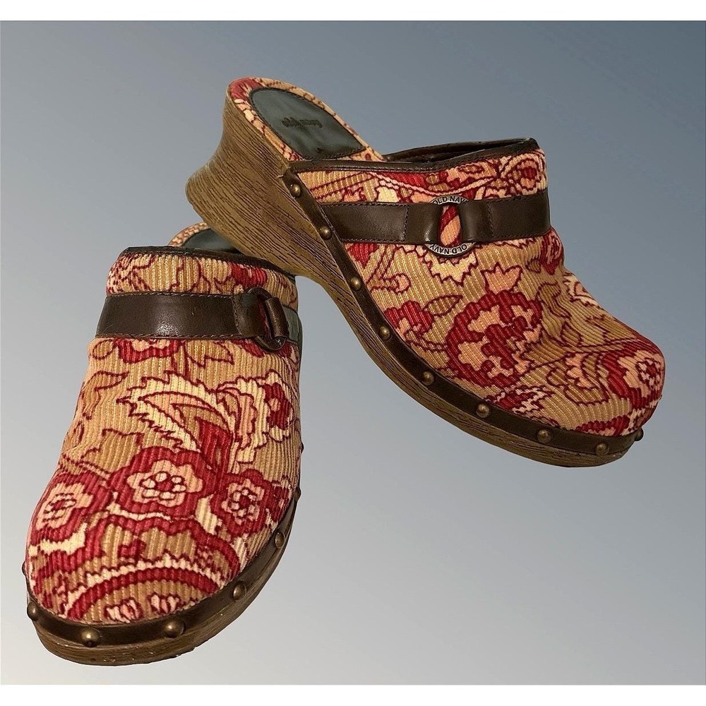 Old Navy Kids 3Y Vintage Floral Tapestry Platform Clogs Red Studded Mules 234855